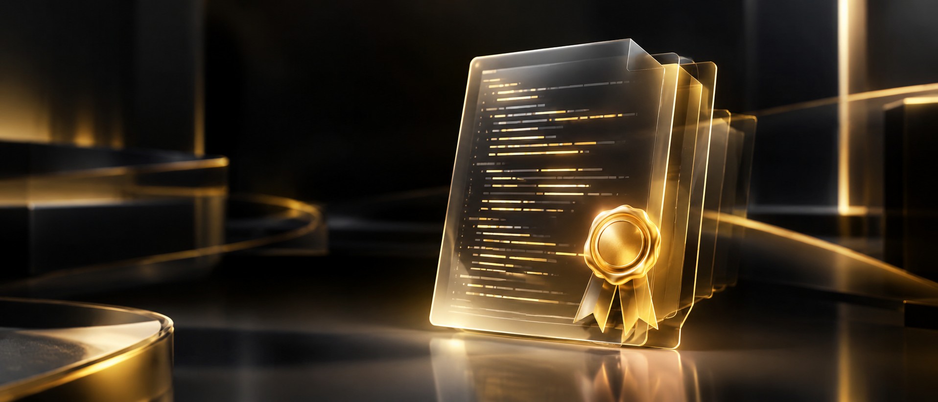 Transparent document made of code lines sealed with a glowing stamp