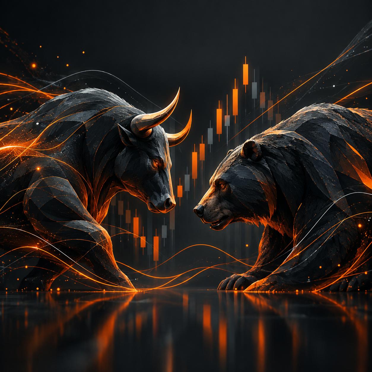 Bull and a bear facing each other on a chart landscape